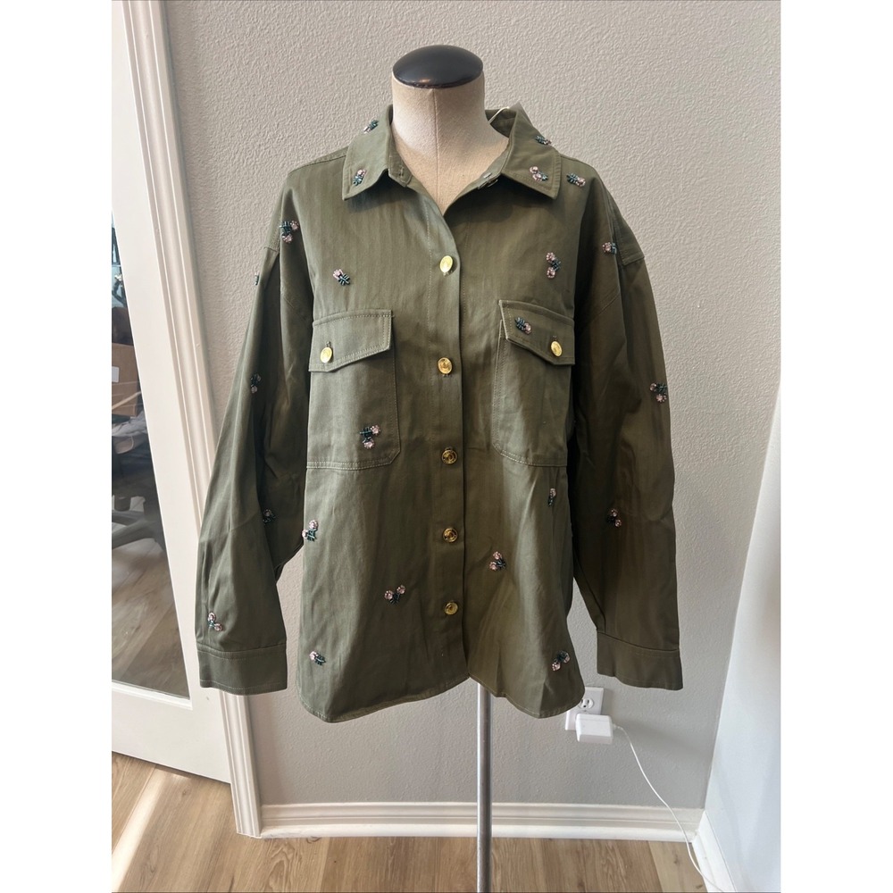 Free Assembly Women's XL (16-18) Green Solid Twill Beaded Button Front Shirt